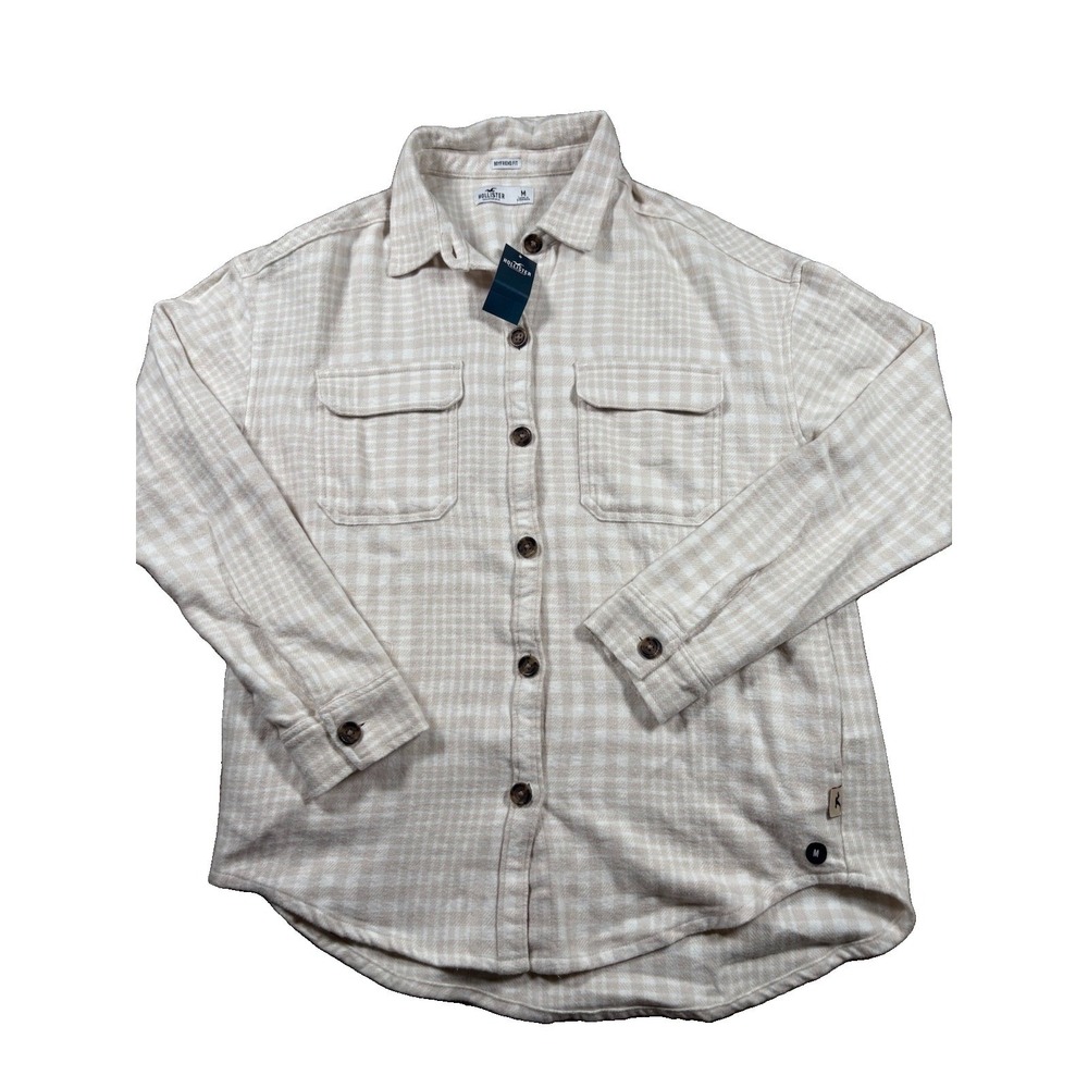 Hollister Boyfriend Fit Plaid Flannel Shacket Womens Medium Cream Tan Shirt